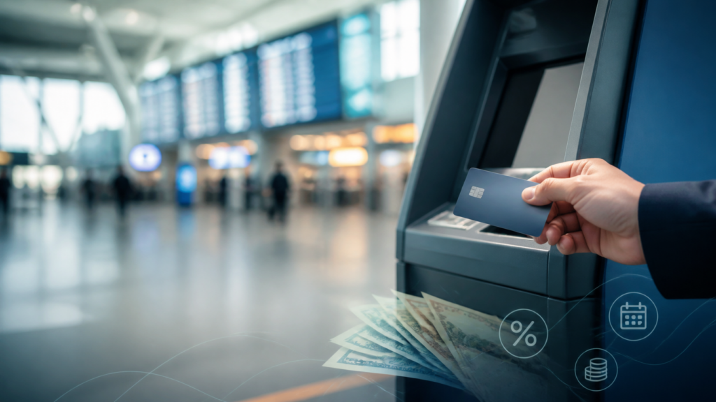 海外の空港ATMでクレジットカードを使い現地通貨を引き出すイメージ